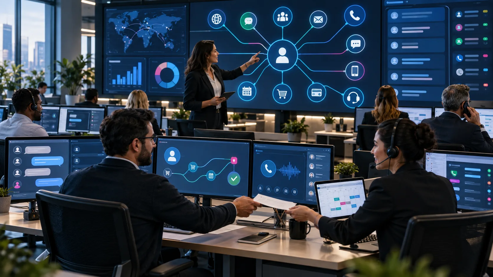 Visualización abstracta de operaciones conectadas por inteligencia artificial